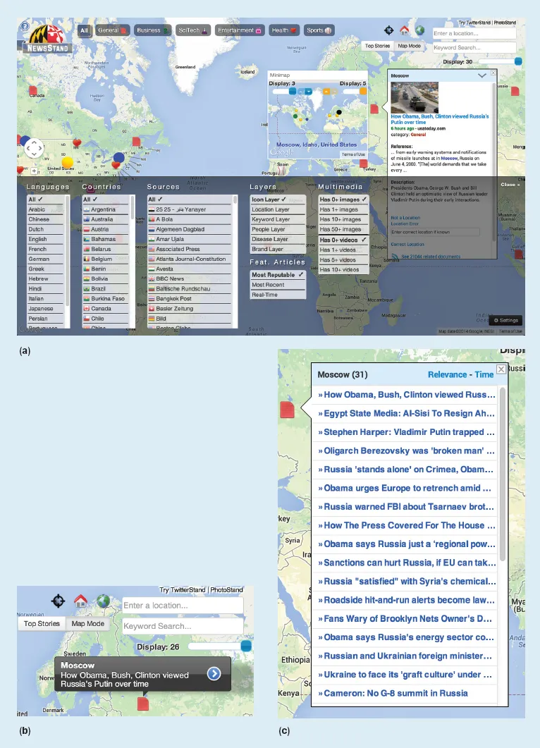 Figure 1. Shows NewsStand Map Mode: a visualization of the globe populated with multi-color icons indicating local news stories